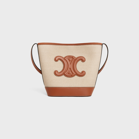 SMALL BUCKET CUIR TRIOMPHE IN TEXTILE AND CALFSKIN NATURAL / TAN